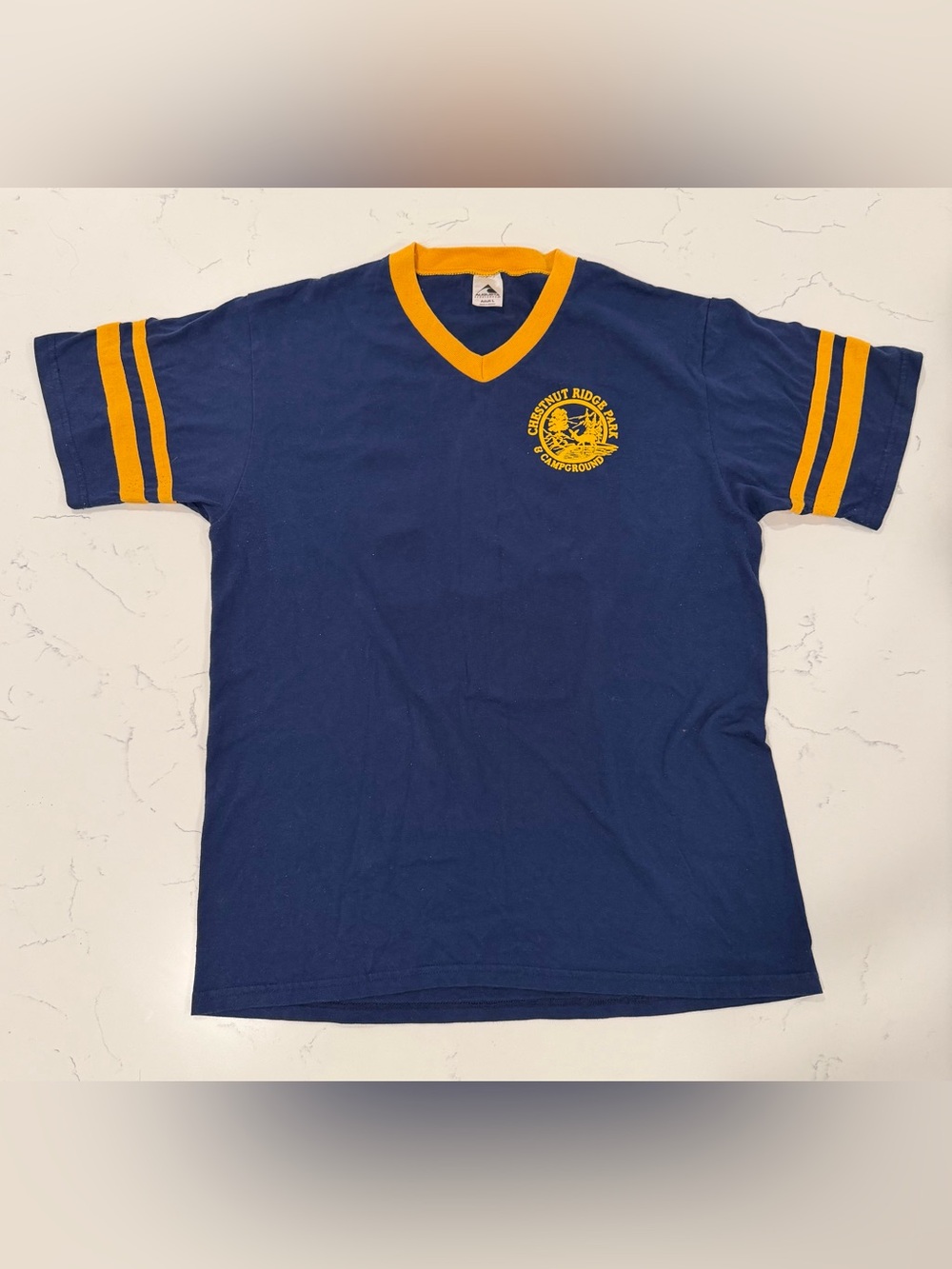 Vintage Chestnut Ridge Park Campground Jersey Tee Blue Gold V-Neck Adult Large